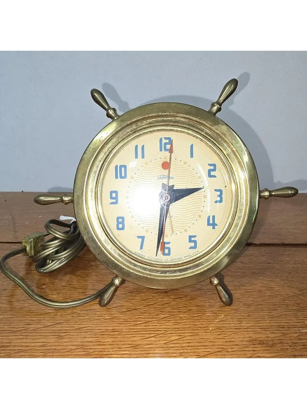 Vintage Telechron Resolute Ships Wheel Brass Clock 3H85 Electric Art Deco Works
